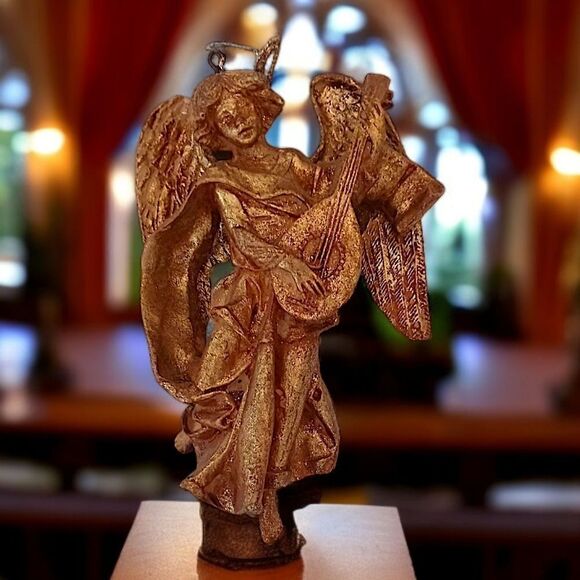 Gold Gilt Cherub Angel Ornament Figure Nativity MCM Mandolin Antiqued Wall Decor - Picture 11 of 14